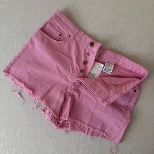 HM Pink High Waisted Button Fly Raw Hem Denim Shorts Womens Size 12